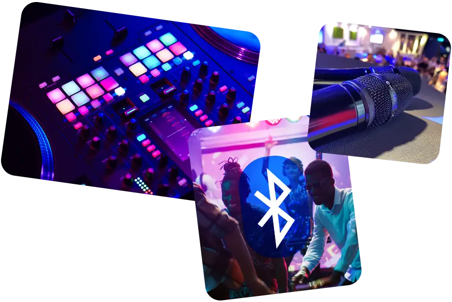 Eine Collage auf der DJ-Ausrüstung und ein Mikrofon zu sehen sind, während die Leute fröhlich tanzen. Ein Bluetooth-Symbol überlagert die Szene und deutet auf nahtlose Konnektivität hin. Es ist ein Karaoke-Erlebnis mit vollem Service, bei dem jeder Beat zum Leben erweckt wird.