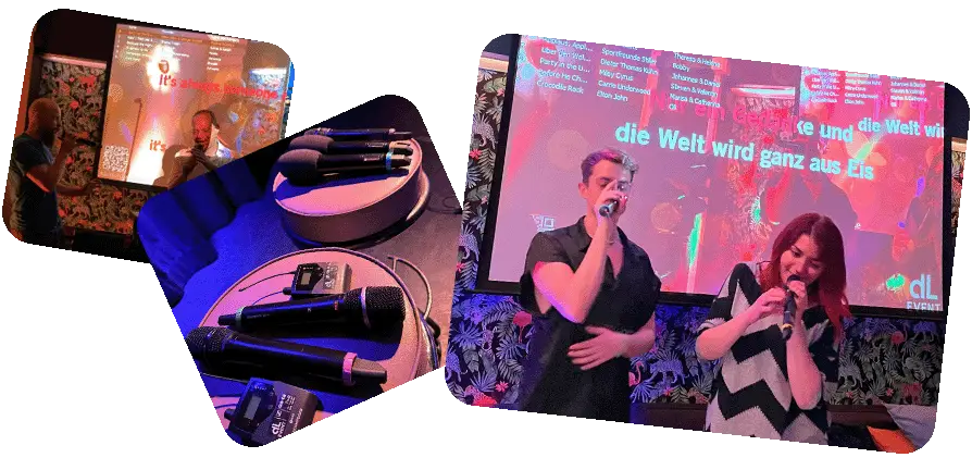 Eine Collage einer Kamera und eines Mannes der der audiovisuelle Geräte bedient. Rechts findet in München ein Hybrid Event statt, bei der die Teilnehmer sitzen und ein Sprecher auf Bildschirmen erscheint, was Veranstaltungstechnik der Spitzenklasse vorführt.