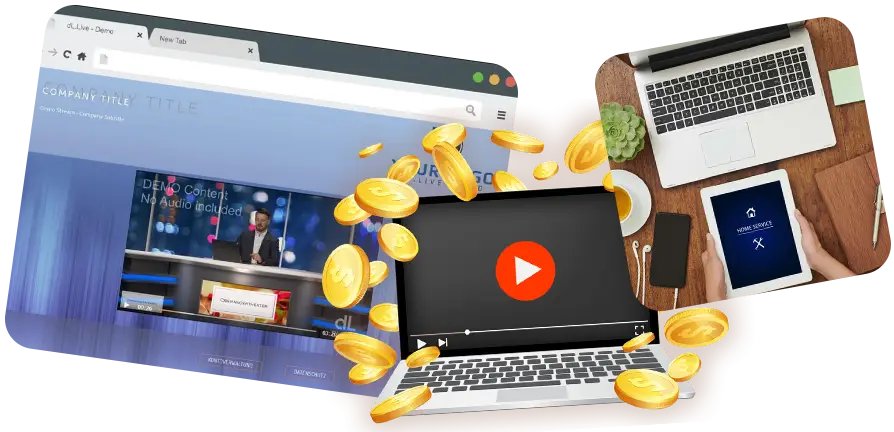 Ein zusammengesetztes Bild. Es zeigt ein Streaming-Video auf einem Computerbildschirm, einen Laptop mit Münzen um eine Wiedergabetaste und eine Person, die sowohl ein Tablet als auch einen Laptop nebeneinander verwendet um die große Kompatibilität der Streaming Plattform zu demonstrieren.
