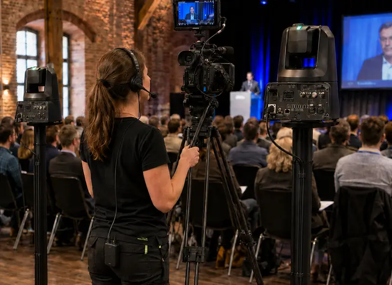 Kamerafrau betreut die Livestream-Produktion einer hybriden Veranstaltung mit Stativkamera und zwei PTZ-Kameras