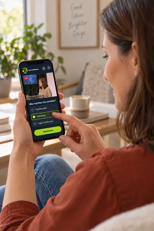 Online-Teilnehmerin stimmt über DL.LIVE am Smartphone ab, während sie den Vortrag im Livestream verfolgt