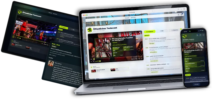 DL.LIVE auf Laptop und Smartphone: Livestream mit Abstimmung direkt im Video und begleitendem Veranstaltungsprogramm.