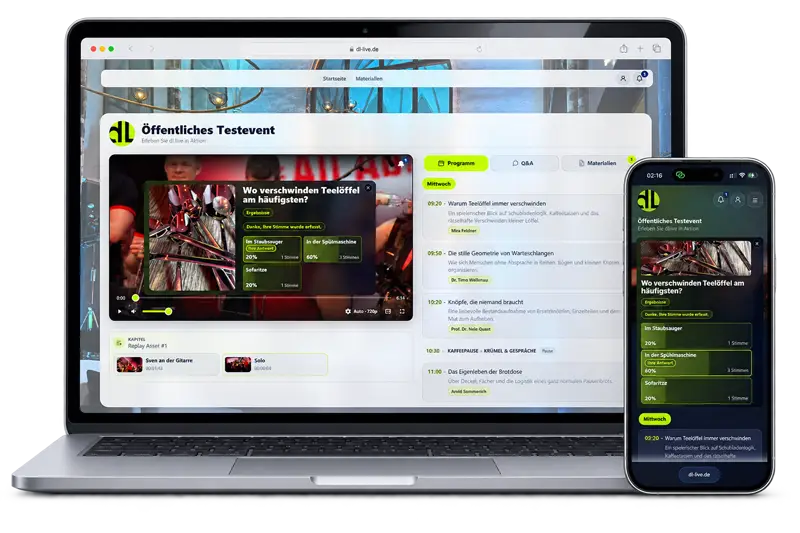 DL.LIVE auf Laptop und Smartphone: Livestream mit Abstimmung direkt im Video und begleitendem Veranstaltungsprogramm.