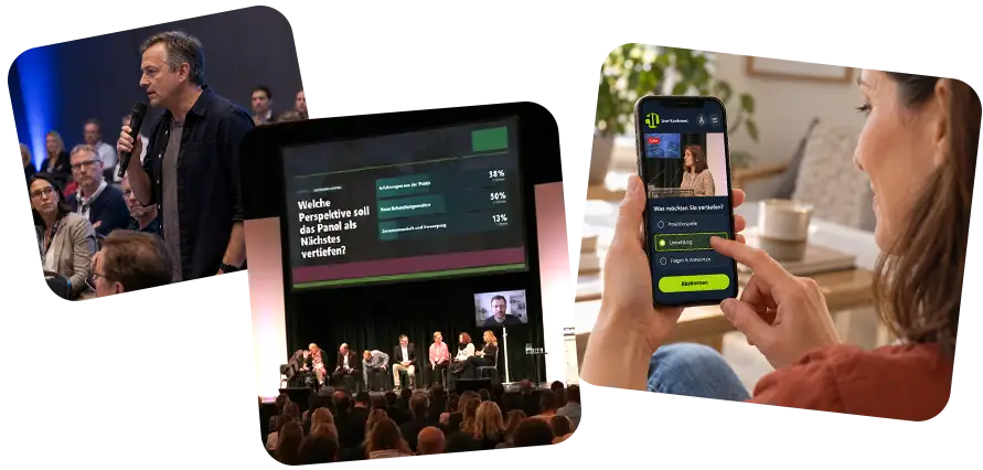 Hybride Veranstaltung mit Wortmeldung im Saal, Live-Abstimmung und digitaler Teilnahme per Smartphone.