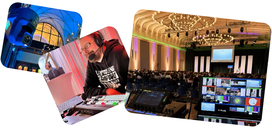 Livestream-Anbieter DL Event: Kamera, Techniker an der Bildregie und Liveproduktion einer Konferenz.